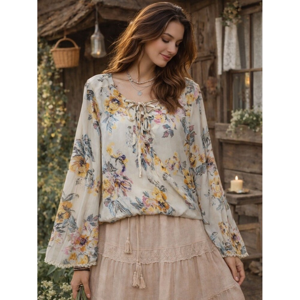 Umgee Crossbody Floral Print Long Sleeve Top Sz Small